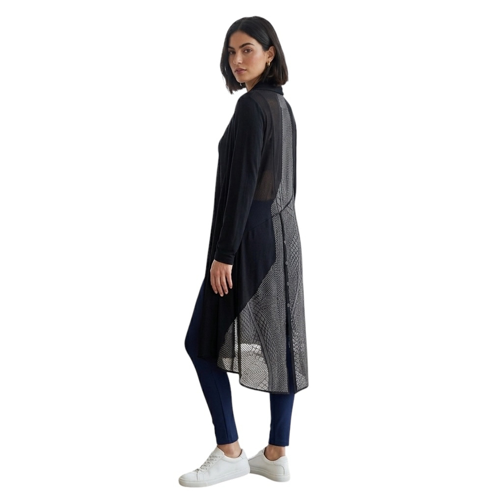 LAUREN BAGLIORE WOOL ASYMMETRICAL SEMI SHEER LONG LINE OPEN CARDIGAN BLACK MED
